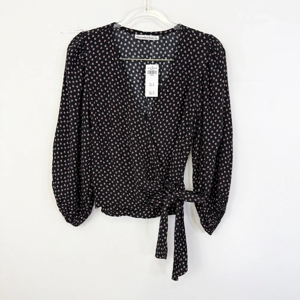 Abercrombie & Fitch Black Floral Wrap Tie Blouse Puff Sleeve Size S